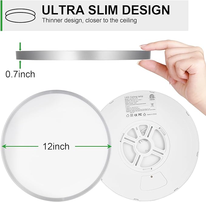 LED Flush Mount Ceiling Light: 12 inch 1Pack Super Slim Dimmable & 5CCT (2700-6500K) Kitchen Lighting Fixtures Ceiling - 24W Silver Low Profile Ceiling Lamp for Bedroom Garage Hallway