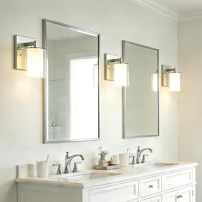 Kalium Wall Sconces Set of Two Modern Vanity Lights with Double Clear Glass Shade Brushed Nickel Indoor Farmhouse Wall Light for Bathroom Living Room Bedroom Mirror Hallway Bulb E26 Base (2PCS)