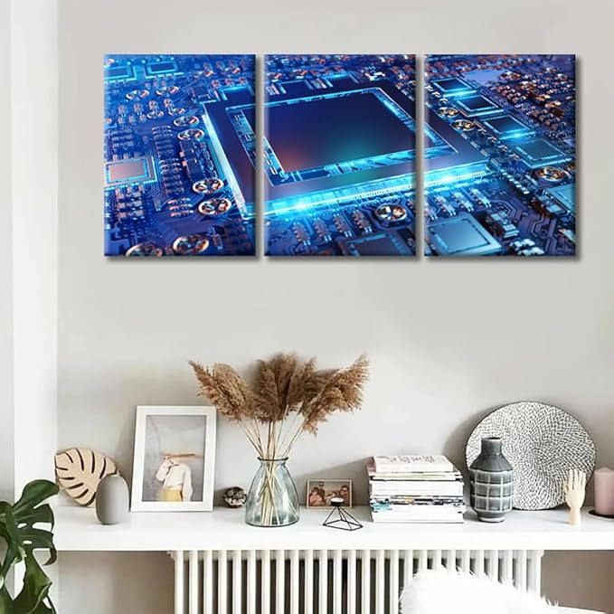Canvas Wall Art Computer Processors CPU Wall Art for Living Room 3 Piece Modern GPU Card with Circuit and Colorful Lights Wall Decor Living Room Print on Canvas Framed Ready to Hang (36"Wx16"H)