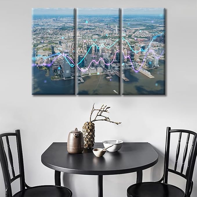 TUMOVO Wall Decor Concept of Internet Trading Brokerage and Analysis Painting Background Posters and Prints 3 Piece Forex Graph Hologram Art Prints Wall Decor Living Room Ready to Hang (36" Wx24 H)