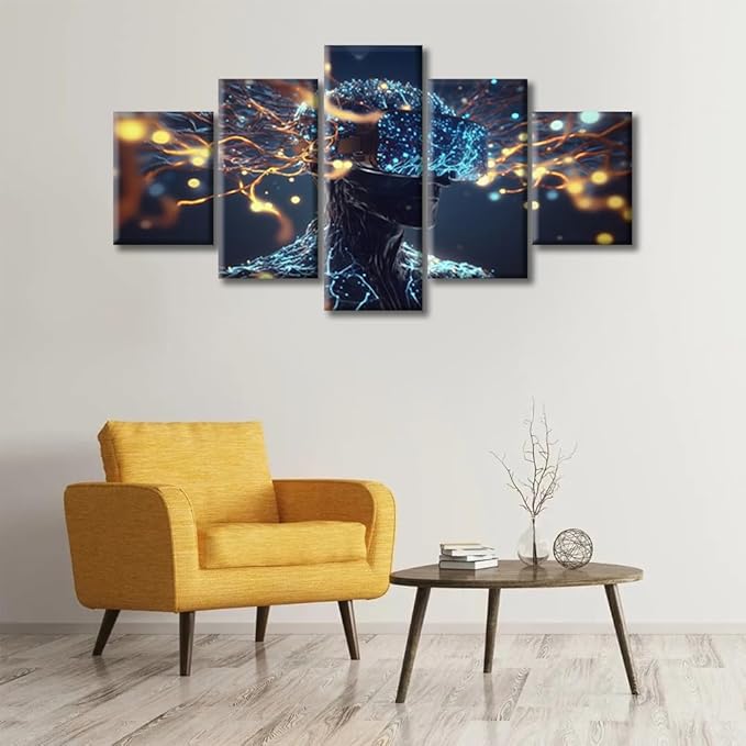 Cyborg Science Brain with Neurons Canvas Wall Art Brain Neural Human Head Posters & Prints Artwork Contemporary Home Decor Stretched Canvas Picture for Living Room Bedroom Home Office, (60" Wx32 H)
