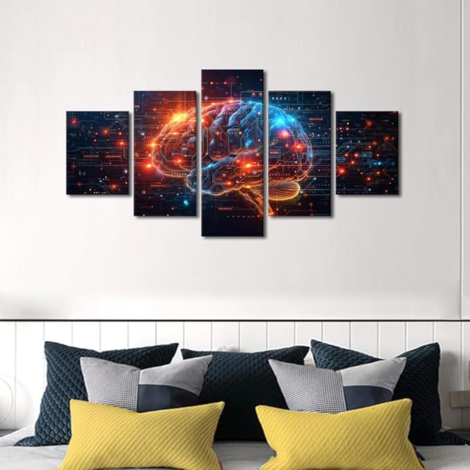 5 Panel Artificial Intelligence Human Brain Canvas Wall Art Neural Networks Painting Wall Decorations for Living Room Technology Posters Data Code in Brain Pictures for Bedroom Wall Decor 60"Wx32"H