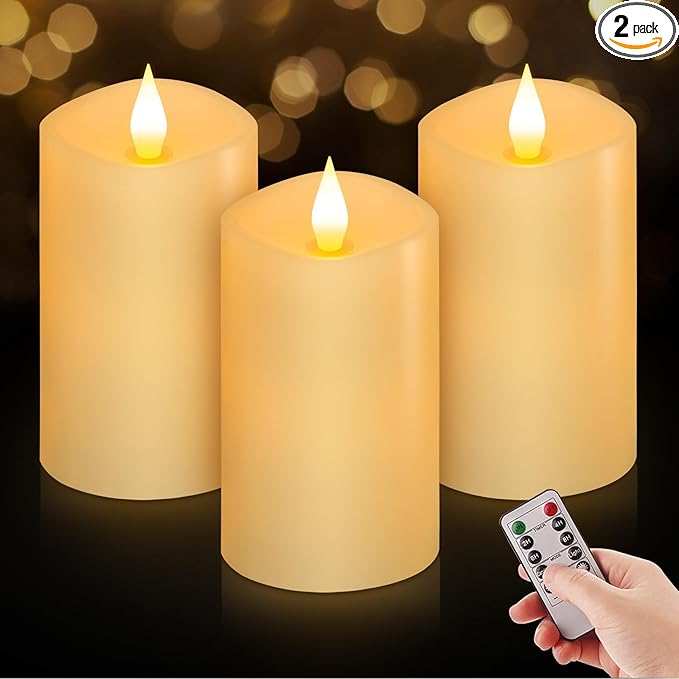 3" x 5" Flameless Candles Set of 3, 2AA Battery Life 600 Hours Battery Candles Flickering with Timer, 5 inch Flameless Candles with Remote for Indoor/Outdoor, Ivory