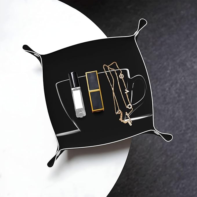 Minimal Coffee Cup Silhouette Valet Tray Leather Portable Tray Desktop Storage Organizer Bedside for Men Women Jewelry Keys Coin Candy Sundries