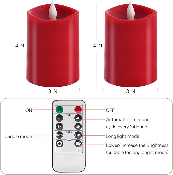 3x4 Flickering Flameless Candles Set of 2,Real Wax led Candles Flickering,with Timer,4 inch Flameless Candles with Remote,Battery Operated Candles,for Party Wedding Holiday Home Decor,Red