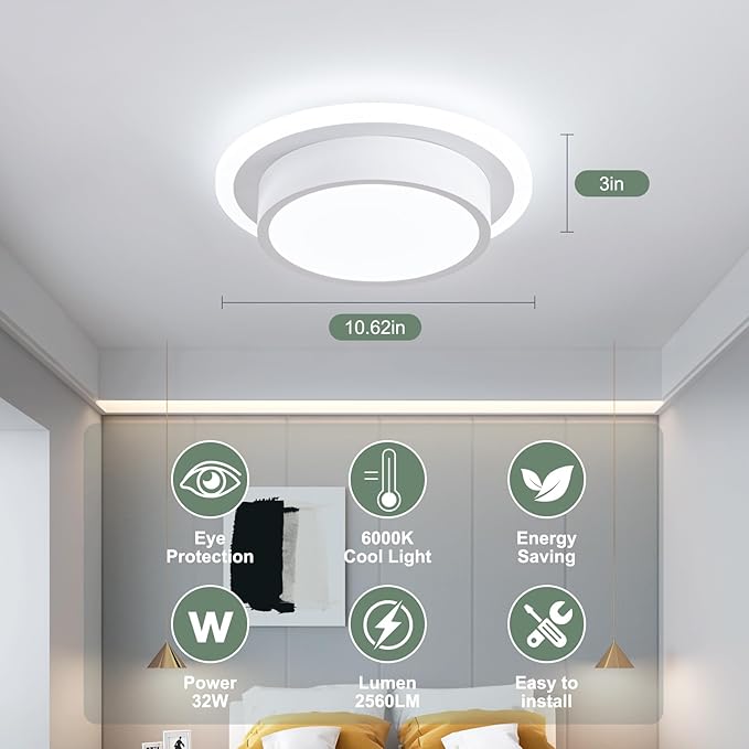Modern LED Ceiling Light Fixtures, Small Flush Mount Light Fixture, Hallway Light Fixtures 32W 6000K, Round Kitchen Ceiling Light for Living Room Bedroom Bathroom Kitchen
