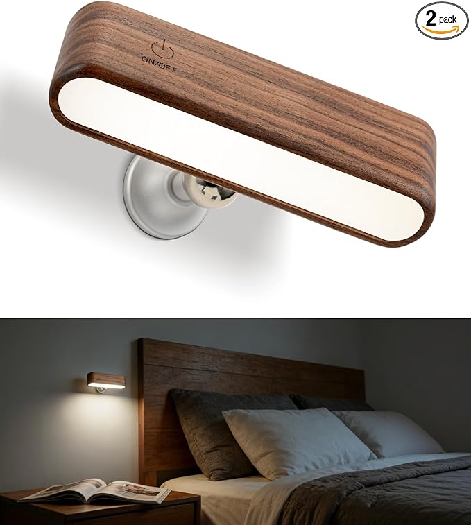 Wood LED Wall Sconce Magnetic 360°Rotate Wall Mounted Lamp Brightness Adjustable Night Lights Rechargeable Battery Powered Reading Light for Bedside Hallway Living Room (1 Pack Black Walnut)