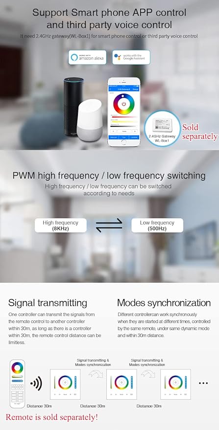 LGIDTECH P3 Wall-Mounted Full Touch Panel Controller for 3528 5050 2835 RGB RGBW RGB+CCT Dimmable Color Changing LED Strip Lighting DC 12-24V 10A 120W 240W.Support Voice and DMX512 Control