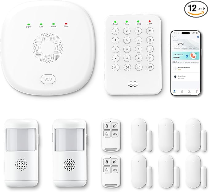 PGST Home Security Systems 12-Piece Kit (Newest Model),WiFi+GSM/4G with Mobile App Control and Alerts Wireless Smart Home or Business Security System,No Monthly Fees,Works with Alexa, Smart Life/Tuya