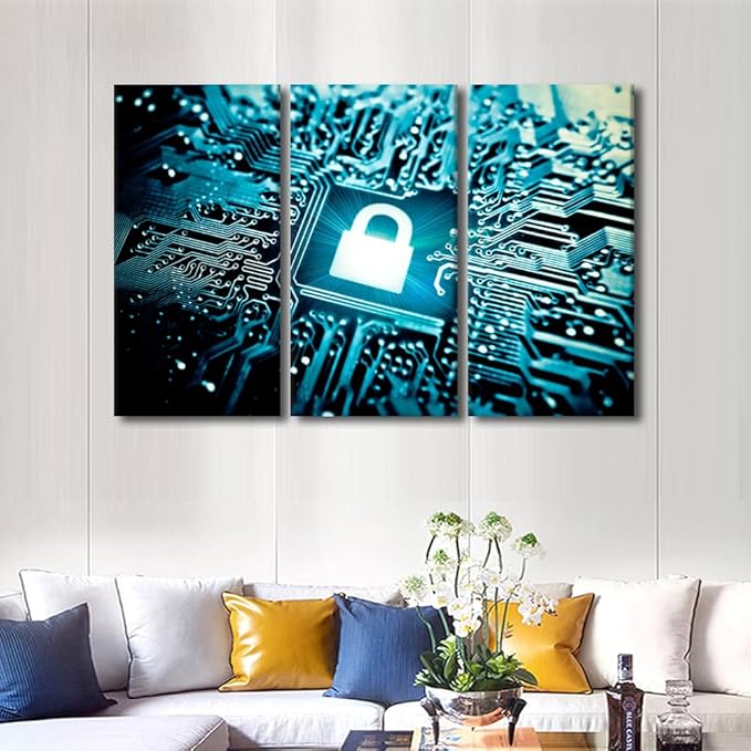 AI Intelligence Wall Art Canvas Prints Security Lock Symbol Wall Art Wall Decor 3 Pieces Canvas Wall Art AI Painting Room Wall Decor Modern Artwork Stretched and Framed Ready to Hang, 60"Wx40"H
