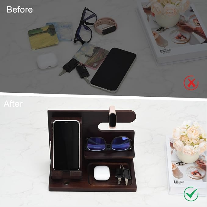 Wood Phone Docking Station,Bedside Table Organizer,Nightstand Organizer,Charging Station Organizer,Birthday Gifts for Men (Brown)