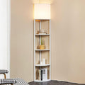 Corner Floor Lamp with Shelves, Tall Corner Lamp with Fabric Shade, Modern Torchiere Lamp for Living Room, Bedroom, Office, Corner Display Shelf with Light, Home Decor, White