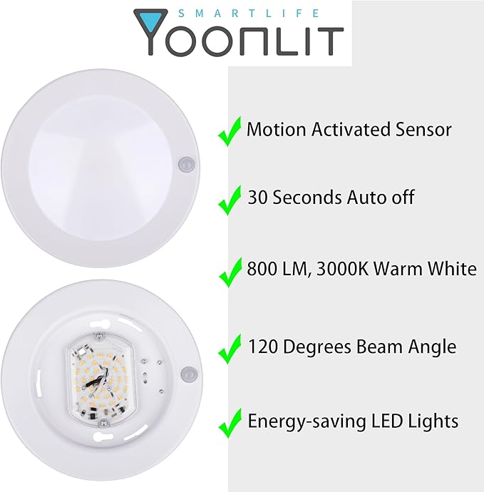 YoonLIT Flush Mount PIR Motion Sensor LED Ceiling Light, 6.2 Inch 10.5W 800 Lumen, Motion Activated Ceiling Fixture for Closet, Garage, Doorway, Stairway, Hallway, White Finish 3000K 1-Pack