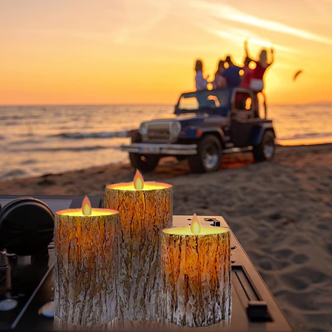 Pine Bark LED Flameless Pillar Candles Battery Operated with Flickering Warm Yellow Light Moving Wicks, Pack of 3 (D 3”×H 4”5”6”) Real Wax Candles with Timer and Remote Control