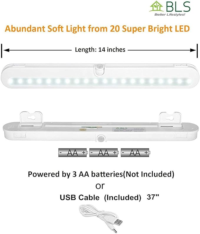 T01L LED Closet Light - BLS Super Bright 20 LED Under Cabinet Lighting Battery Powered/DC Input Wireless Motion Sensing Light, Auto On Off Switch, Motion Sensor & Light Sensor, 2 Pack