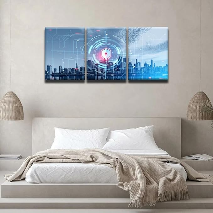 LSIUHWUWI 3 Piece Canvas Wall Art Digital Cybersecurity Concept Canvas Prints Art for Living Room Bedroom Decoration, Internet Security and Global Protection Framed Ready to Hang, 12x16inchx3