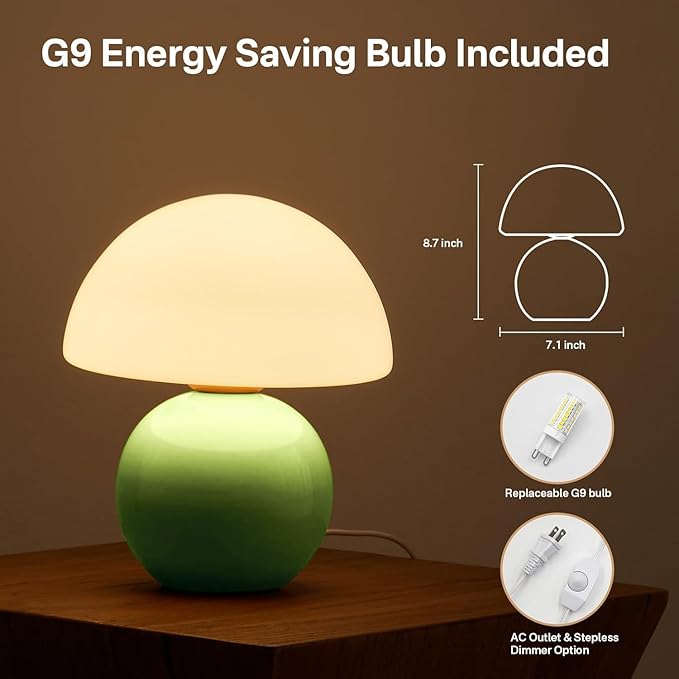 Mushroom Lamp Table Lamp for Bedroom,Desk Bedside Small Lamps for Living Room Night Stands,Mushroom Decor Cute Mini Modern Mid Century Lamps,Unique Aesthetic Home Living Room Decor(Green)
