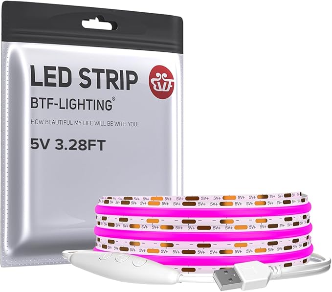 BTF-LIGHTING FCOB COB FOB LED Strip Lights 5V USB Powered 3.28FT 320LEDs Purple Color 8mm Width Dimmable CRI 90+ with 3M Tape Flexible High Density for 3D Printer TV Backlight PC DIY Decor