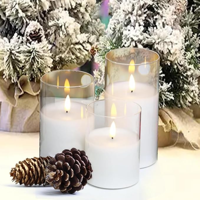 CANDLE CHOICE Real Wax Battery Operated Flameless Pillar Candles with Remote Timer Clear Glass Shell Realistic Black Wick Flickering Electric LED Lights Wedding Halloween Christmas Decorations 3 Pack