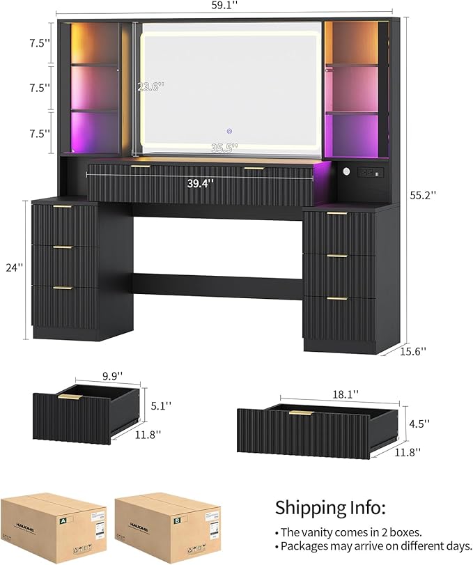 Big Vanity, 59.1" Fluted Wood Makeup Vanity Desk with Mirror and Sound Sync LED Lights, Large Vanity Dressing Table, 8 Drawers, 2 Glass Cabinets, with Charging Station for Girls, Women (Black)