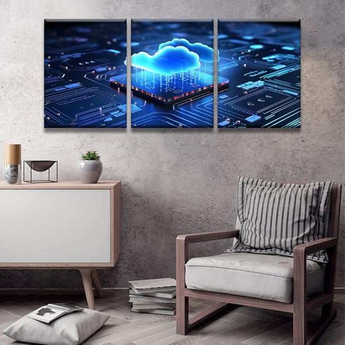 Modern Wall Art 3 Panel Wall Art Transfer and Storage on the Internet Pictures Print On Canvas Wall Decor for Living Room, Wooden Framed Gallery-Wrapped Ready to Hang 12x16inchx3