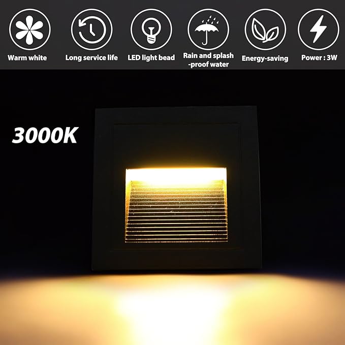 120V Indoor Outdoor Step Lights, Indoor LED Stair Lights Warm White 3000K, IP44 Waterproof Recessed Wall Lights for Stair, Bedroom, Kitchen, Balcony, Aluminum, 8Pack, Black