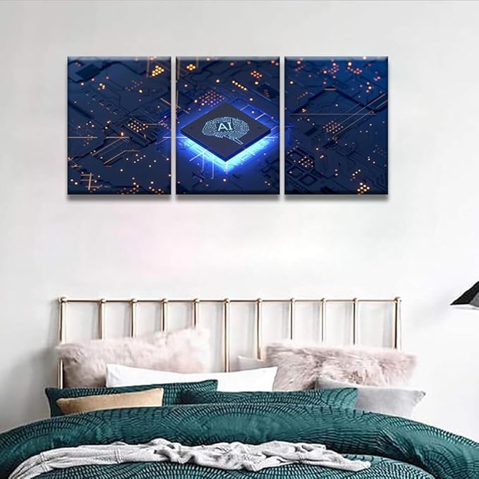 LSIUHWUWI Modern Wall Art 3 Panel Artificial Intelligence Concept Picture Prints on Canvas for Living Room Computer Room,Office Wall Decoration, Framed Ready to Hang 12x16inchx3