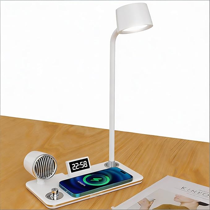 All-in-One Bedside Lamp with Wireless Charger, Digital Clock, Bluetooth Speaker & Adjustable Lighting - 15W Fast Wireless Charging, Dimmable 3 Color Modes, Flexible Gooseneck,HYT-1772 White.