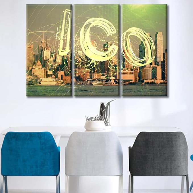 Concept of Blockchain and Bitcoin Pictures Home Decor 3 Panels Crypto Currency City Veiw Background Canvas Wall Art for Bedroom, Living Room, Office. Print on Canvas Framed Ready to Hang (60"Wx40"H)