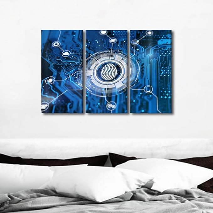 Bedroom Wall Art 3 Panels Fingerprint Login Authorization and Cyber Security Concept Posters Print on Canvas Wall Decor for Living Room Bedroom, Cyber Security Posters and Prints, 36" Wx24 H