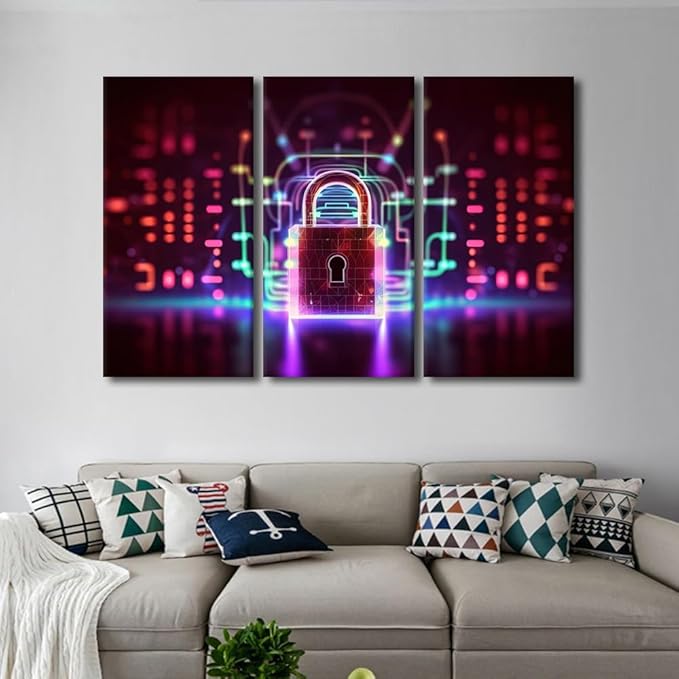 TUMOVO Large Canvas Wall Art 3 Piece Padlock on Technological Circuit Background with Neon Lights, Cyber Security Concept Pictures Print on Canvas for Living Room Wall Decoration, 60" Wx40 H