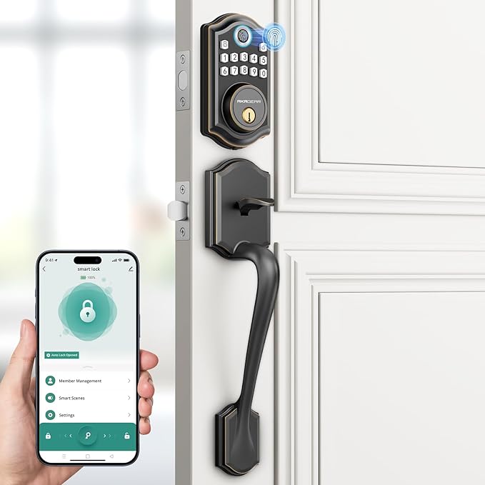 DS10 Pro Keyless Entry Door Lock with Handle Set, Smart Front Door Locks Set, Electronic Keypad, Fingerprint Deadbolt, Bluetooth APP Control, Auto-Lock & One Touch Locking, Oil Rubbed Bronze