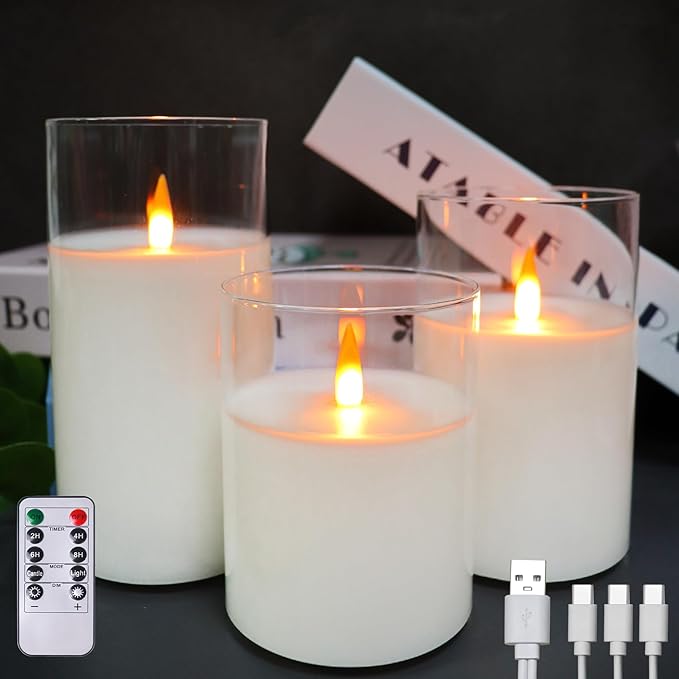 JMTONE 200 Hours Rechargeable Flickering Flameless Candles, Rechargeable Battery LED Glass Pillar Candle with Remote and Timer, Real Wax Clear Color for Living Room, Home Décor, Mother’s Day Gifts