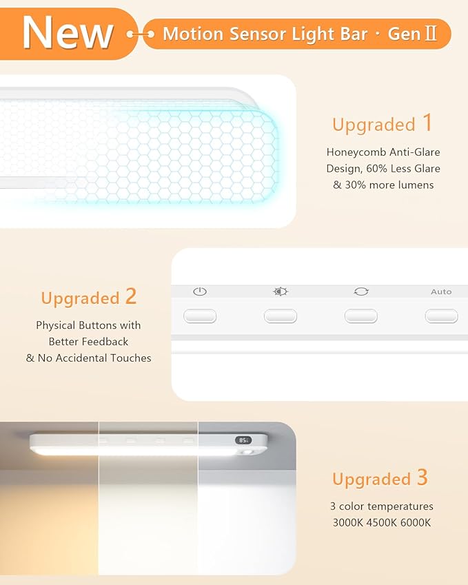 WILLED Under Cabinet & Closet Lights with Remote, Motion Sensor, Rechargeable, Magnetic, 3 Color Temps, Dimmable LED Light Bar for Indoor Kitchen Counter (4 Pack, White)