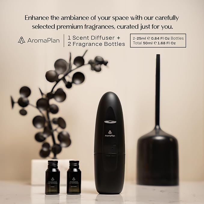 AromaPlan 5 Star Collection Plug in Diffuser (2 Fragrances Included)-Cold Air & Waterless Diffusers for Home & Office- Silent Wall Diffuser Plug in, Bluetooth App Control, 1000 sq. ft (Black)