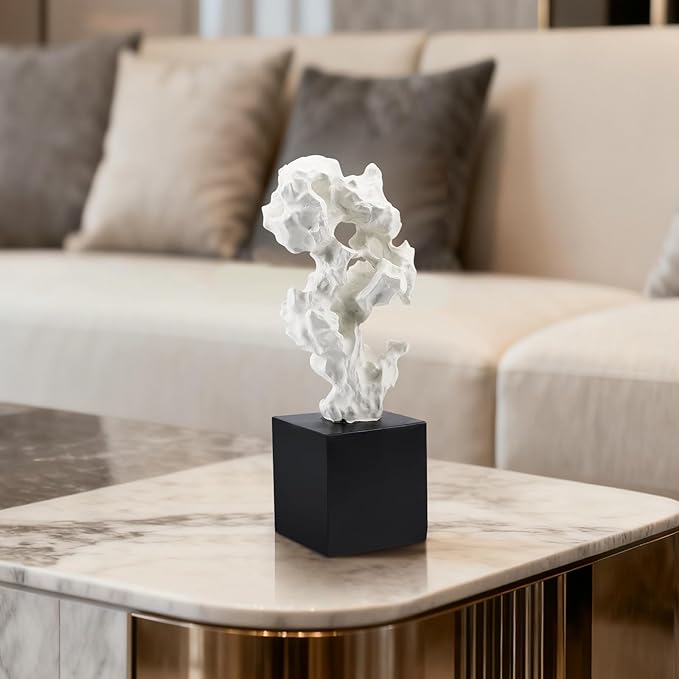 Modern Abstract Sculpture - 11.8" Stone Home Decor, Resin White and Black Art Statues for Living Room, Coffee Table Centerpiece, TV Stand Shelf Bookshelf Decorations