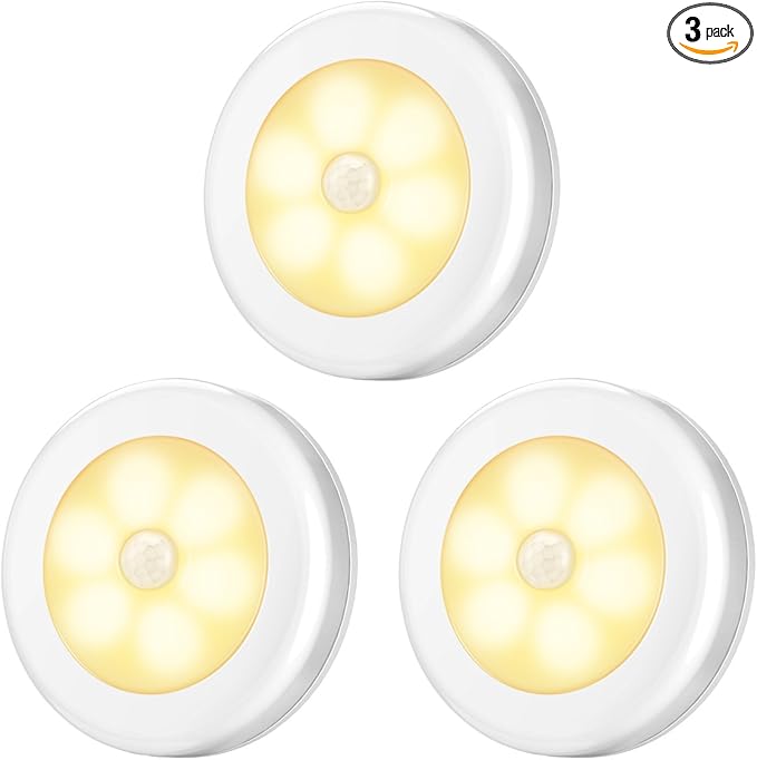 AMIR Upgraded 3.15” Motion Sensor Light Indoor, Cordless Battery Powered Stick on LED Night Lights for Closet, Stair, Under Cabinet, Hallway, Kitchen (Warm White - Pack of 3)