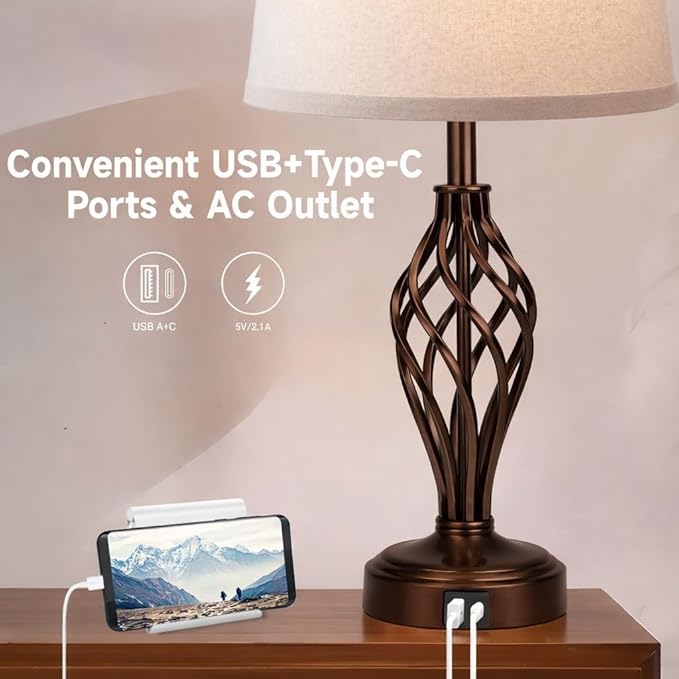Touch Table Lamps Set of 2, nightstand lamp with USB Ports Bedside 3 Way Touch dimmer Desk lamp for Living Room Bedroom,Brown Plated Spiral cage Base Design Warm White dimmer Bulbs Included.