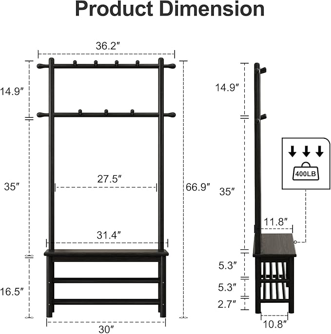 AQIMUELE Coat Rack with Shoe Storage, Wooden Hall Tree with Bench, 11 Hooks and 2-Tier Storage Shelves, 3-in-1, Entryway Bench with Coat Rack (31.5"-Deep Black)