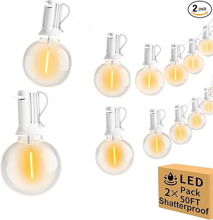 Vocevos 100FT 2Pack Outdoor String Lights LED Outside Waterproof Patio Lights Backyard Heavy-Duty Shatterproof Plastic G40 Bulbs Connectable Globe Light Decor Yard Café Exterior White Wire