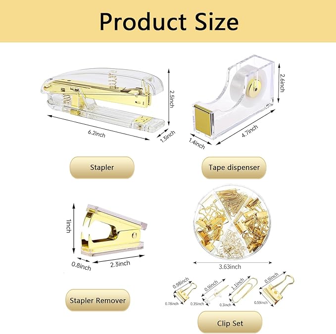 suniya Office Supplies,Desk Accessories,with Stapler,Tape Dispenser,Staple Remover,Scissor,Ballpoint Pen,Clear Tape,Staples,Binder,Best Gift Set(Gold)
