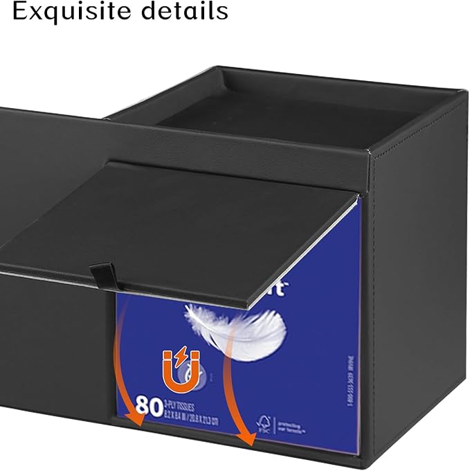 Leather Nightstand Organizer with Tissue Holder,Square Tissue Box Cover with Organizer, Decorative Modern Facial Paper Storage Box for Bathroom Living Room Vanity Table Countertop Office Black