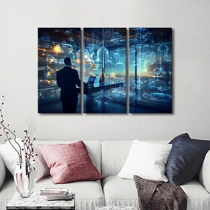 Framed Wall Art 3 Panel AI Art and Data Analytics Pictures Print on Canvas Wall Art for Living Room Bedroom Wall Decorations, Concepts Artwork Wooden Framed Ready to Hang, 42" Wx28 H
