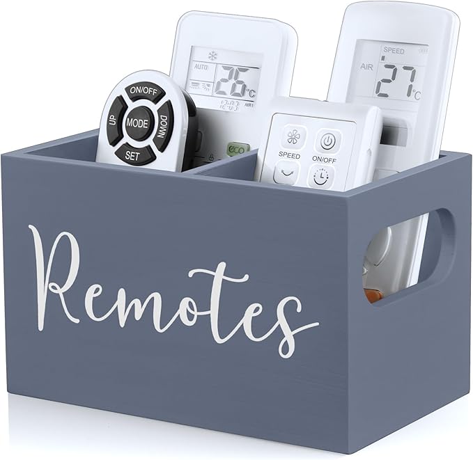 DRASTAR Remote Control Holder, Wood TV Remote Holder, Remote Storage Caddy, Remote Control Organizer (Gray, 2 Slots)