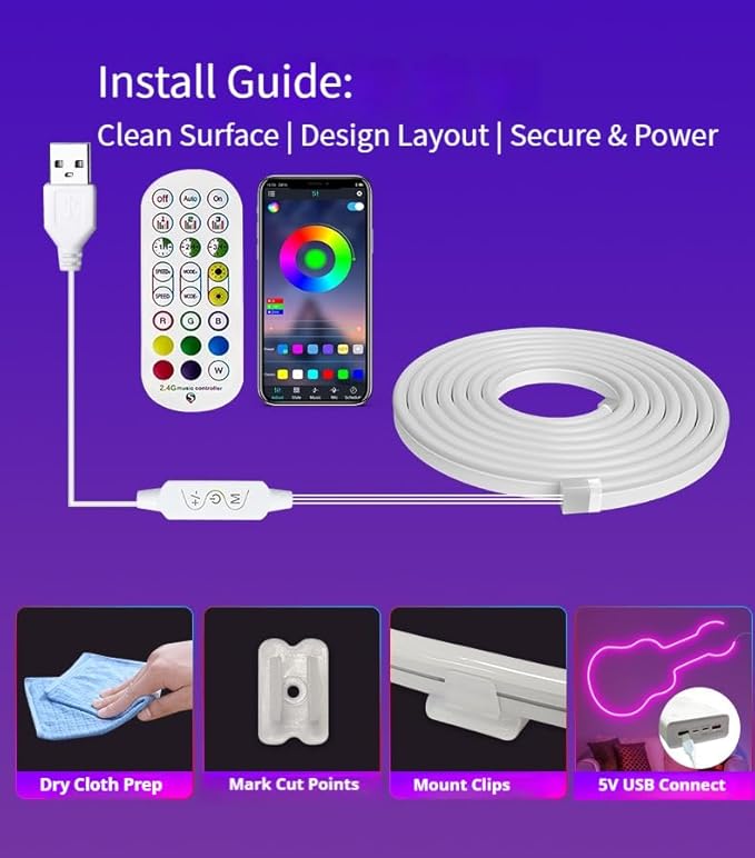 USB 5V RGB LED Neon Strip Lights with APP/Remote Control, IP65 Waterproof Music Sync Color Changing Lights for Bedroom, TV Backlight, Party Decor - Dynamic Modes & Easy Installation (16.4FT)