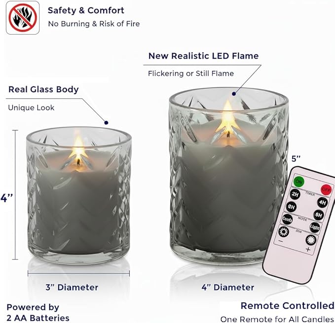 VENTA LED Candles 2 Pack - Grey Hobnail Glass Flameless Candles with Remote and Timer - Realistic Flickering Battery Operated Pillars - Vintage Diamond Texture for Home Decor (Grey Hobnail Glass)