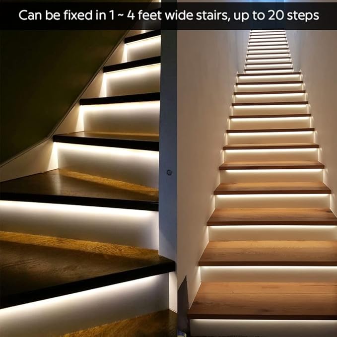 Intelligent Motion Sensor Stair Lights Indoor Staircase Lighting Kit ES32 PIR Sensor 4Feet Wide Cuttable Daylight White Dotless COB LED Strips 20PCS Complete Item (6000k)