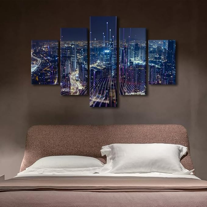 5 Panel Advanced City Poster Modern Digital Transformation Canvas Art Big Data Connection Picture Printing Internet Workers Living Room Bedroom Wall Decor Frame and Stretched Ready to Hang 60x40 Inch