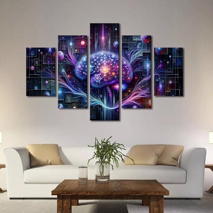 5 Panel Digital Brain Canvas Wall Art for Bedroom Neurological Data Analysis Painting House Decorations Technology Print Artwork Canvas Framed Artwork for Walls Posters framed Ready to Hang 60"Wx40"H