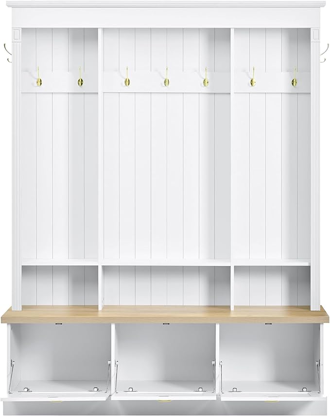 LUMISOL Hall Tree with Storage Bench and Shoe Storage, Coat Rack with Shelves and 9 Hooks, LED Light Entryway Bench with 3 Large Cabinets, for Entrance Mudroom Living Room, White